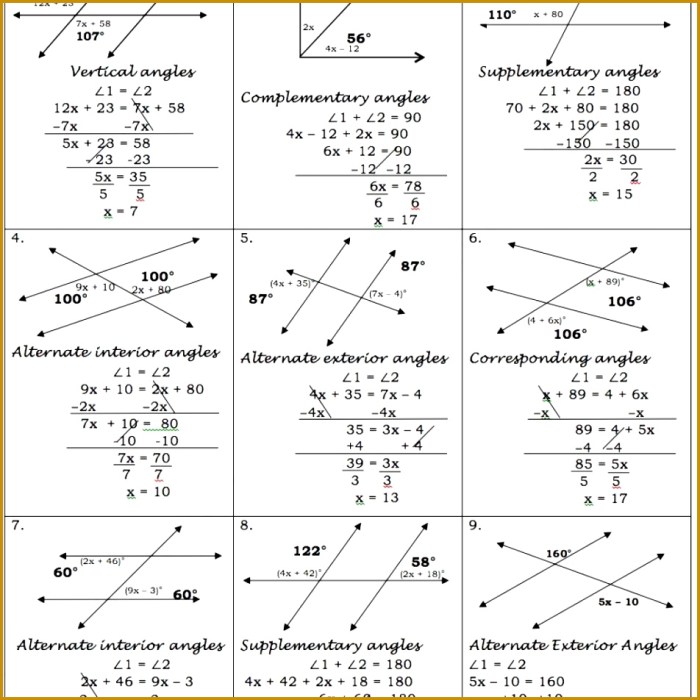 Two parallel lines cut by a transversal worksheet answers