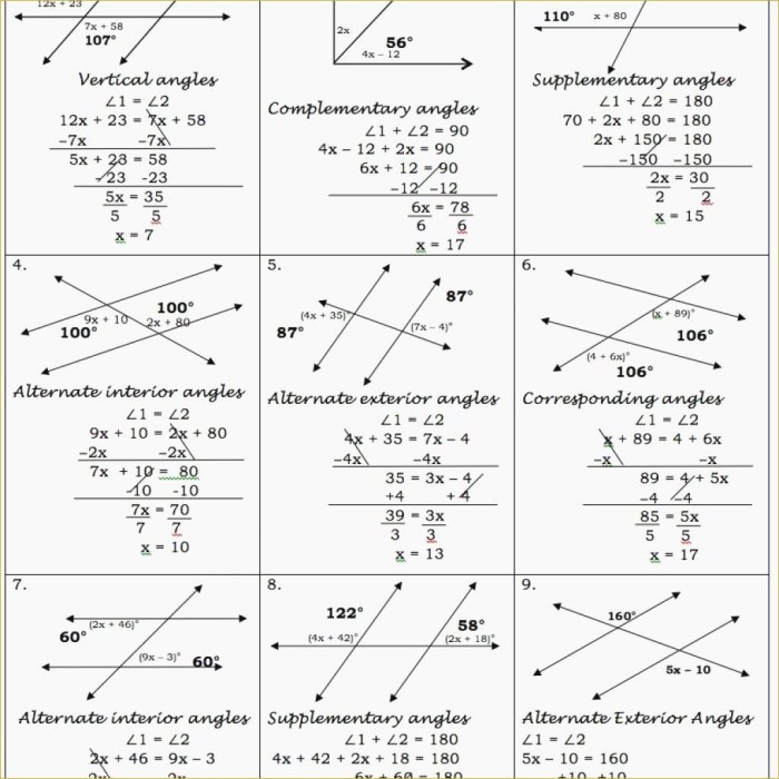 Two parallel lines cut by a transversal worksheet answers