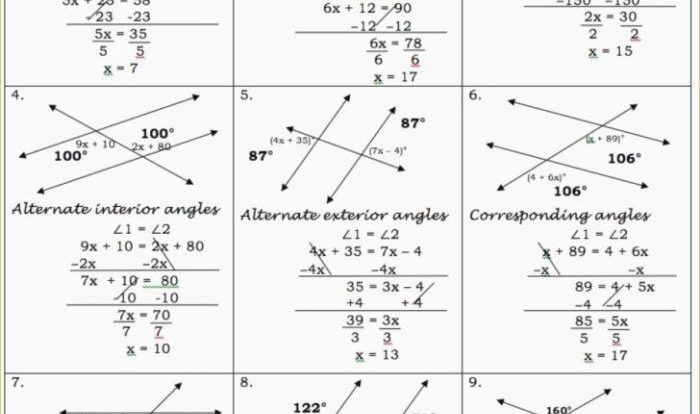 Two parallel lines cut by a transversal worksheet answers