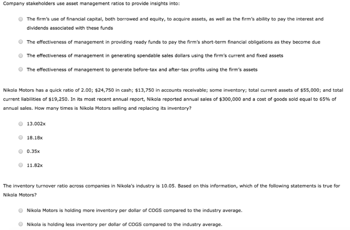 Company stakeholders use asset management ratios to provide insights into